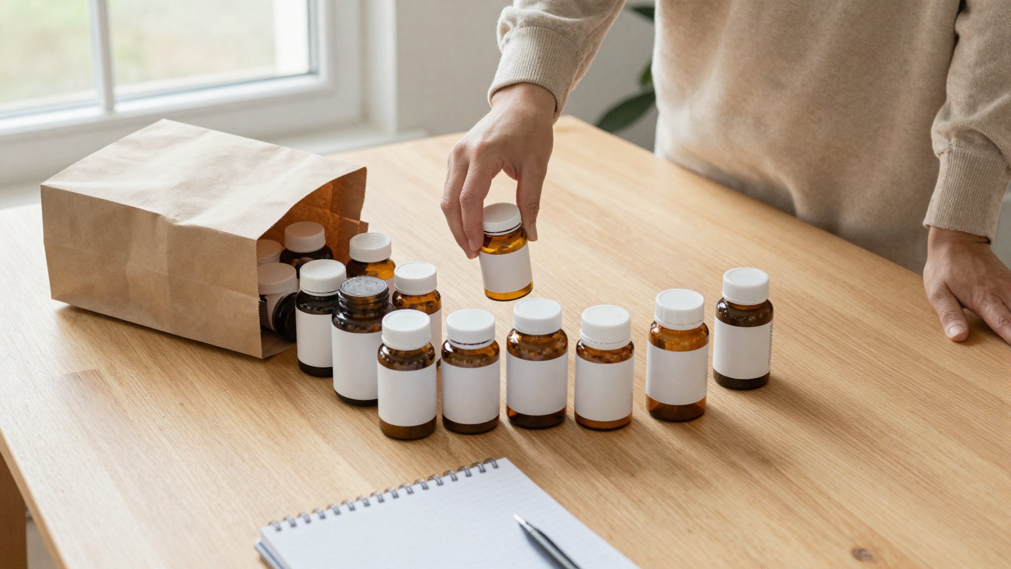 A brown paper grocery bag tipped on its side on a light oak table by a window, a dozen amber medicine bottles with blank labels lined up in front of it, a spiral notebook and pencil at the near edge, and a hand in an oatmeal sleeve lifting one bottle out of the row.