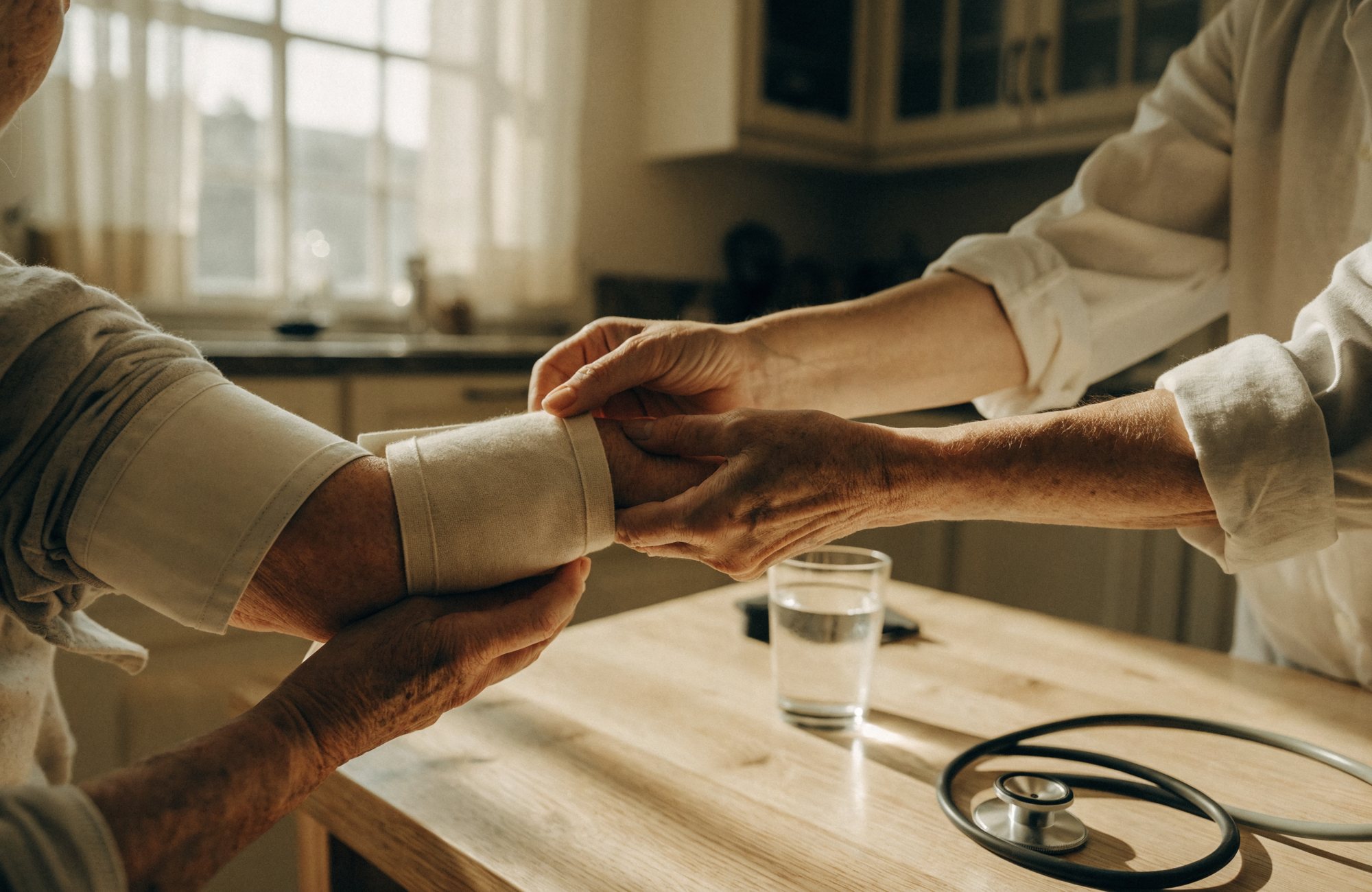 Close view of two pairs of hands at a sunlit kitchen table: a nurse steadying an older person's forearm and smoothing a soft cuff around it, with a stethoscope coiled on the wood beside a glass of water.