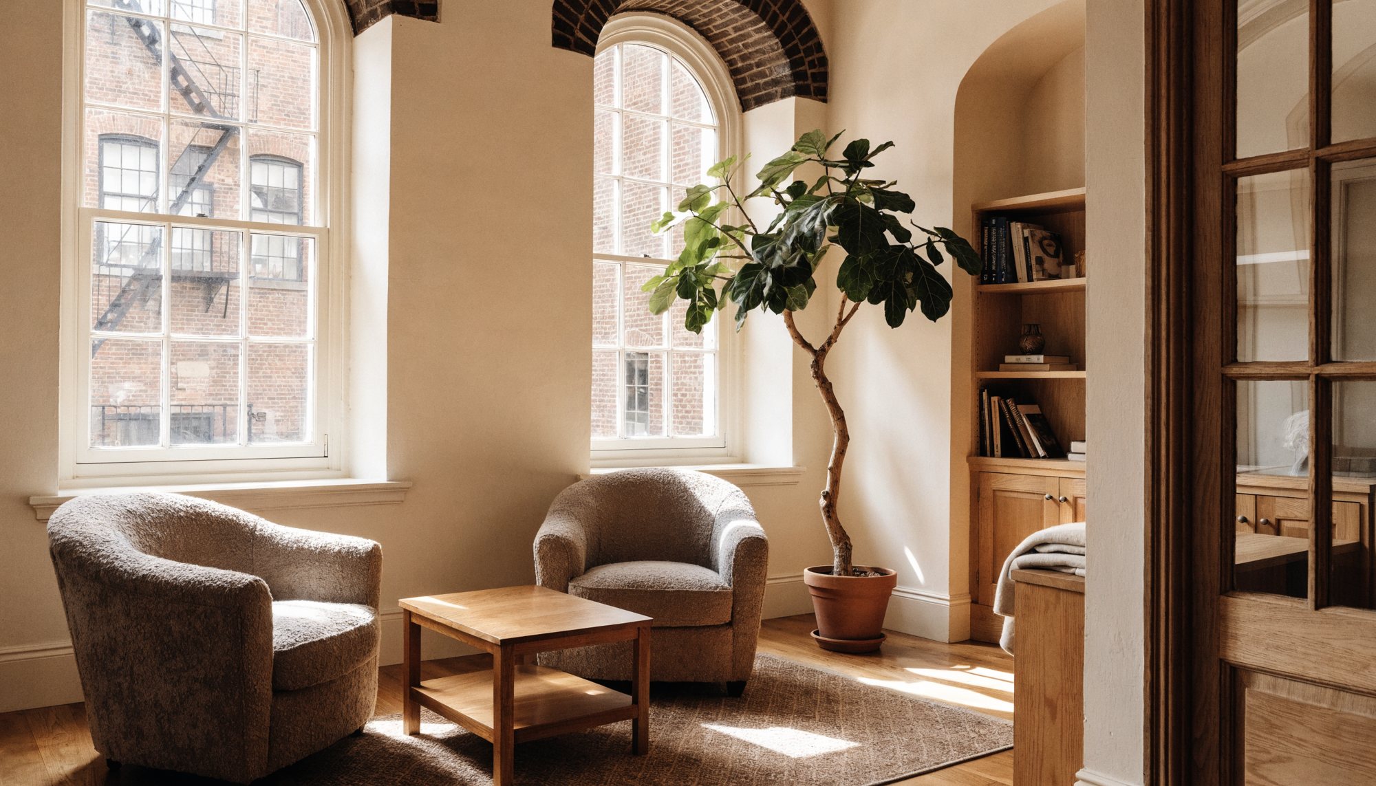 The front room of a small practice in a brick storefront: two upholstered armchairs facing each other across a low wooden table on a woven rug, morning light through tall arched windows, a fig plant and a bookshelf behind.