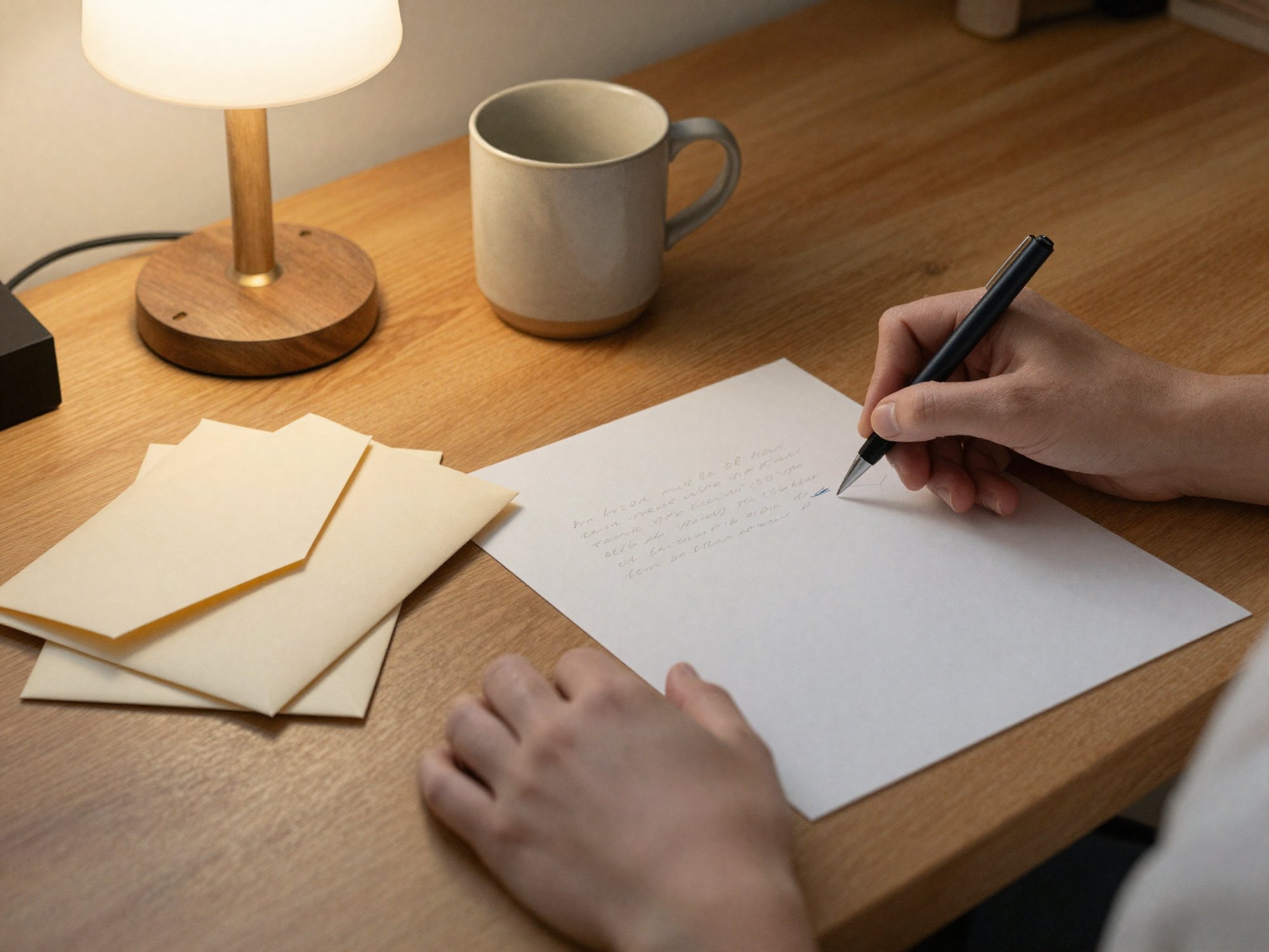 A hand writing on a plain sheet of paper at an oak desk under a small warm lamp, three sealed cream envelopes stacked to the left beside a stoneware mug, the handwriting too faint to read.