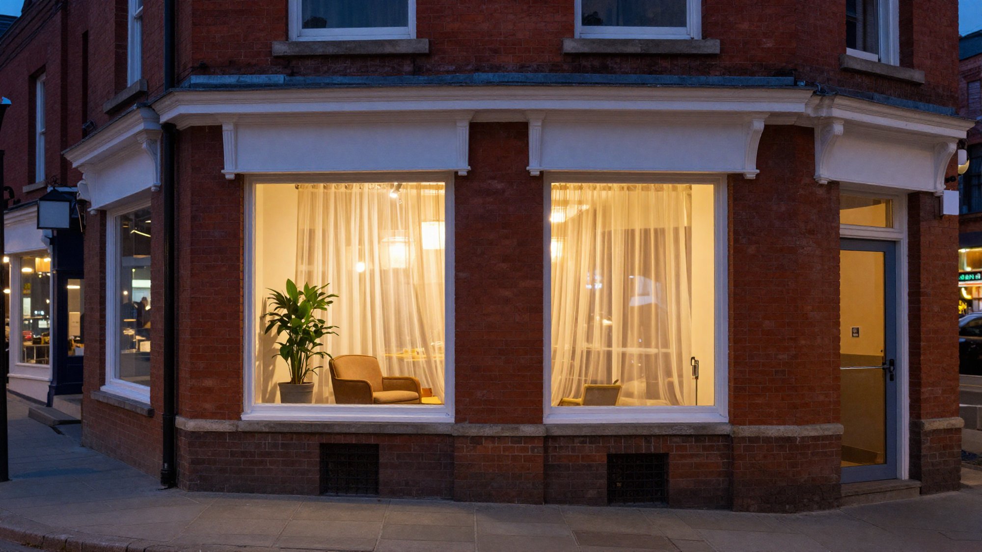 The corner of a red brick building at dusk seen from the pavement, two tall ground floor windows lit warm and gold behind sheer curtains, a leafy plant and a mustard armchair visible inside, other lit shopfronts blurred down the street.